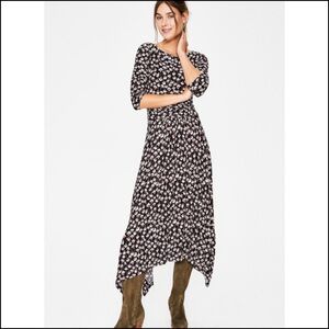 Boden Maisie Black Floral Print Jersey Knit Midi Dress